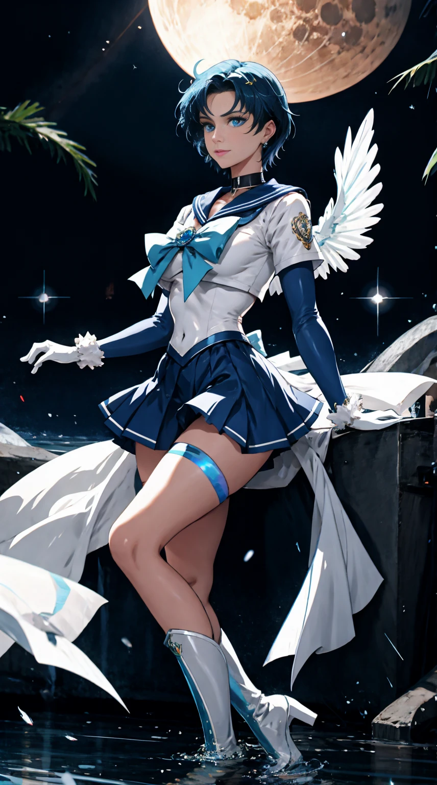 full: 1.3, Stand, Masterpiece, 。, huge , huge butt, .3D, Realistic, Ultra-micro photo, Top quality, Ultra detailed CG Unity 8K wallpaper, (mer1, head gear, Sailor senshi uniform, White gloves, Blue sailor collar, Blue skirt, Sailor senshi uniform: 1.2, Sailor Mercury: 1.3, Meshauonf), From below, Intricate details, (1 woman), 1, Short hair, floating short blue hair: 1.2, Apparently a sailor Chiseki uniform, Sexy pleated miniskirt in shiny blue: 1.3, ((The blue bow in the center of the chest is very large: 1.3, Gold headdress on the forehead: 1.2, Wear blue gloves on your elbows: 1.2, Bare upper arm: 1.1, Shiny blue enamel long knee-high boots，Decorated with luxurious gold accents: 1.3, Saturated wide blue collar, Saturated blue sailor color, White latex long gloves，Decorated with luxurious gold accents: 1.3, Very large blue bow at the back of the waist: 1.1, Blue choker, Looks sexy and bold: 0.6)), (Very slim fit high-gloss white holographic leather: 1.3), Bold sexy slender tall gravel swimsuit, Blue star piercing, Parted bangs, ((Seductive smile, very pretty look face, Face details: 1.5, Bright blue eyes, Beautiful face, Beautiful eyes, Shiny eyes, Thin lips: 1.3, Thin, sharp pale eyebrows, long dark eyelashes, Double lashes)), Luxury gold jewelry, (Fighting posture), Huge splash wings, musculous, muscle abs, Small face, Huge chest, Perfect proportions, Thin waist, sexy model pose, Visible pores, Perfect hands: 1.5, Octane rendering, Very dramatic image, Intense natural light, Sunlight, exquisite lighting and shadows, Dynamic Angle, Digital SLR harp, Focus: 1.0, Maximum clarity and sharpness, (Water god: 1.1, Splash space background, Dynamic water background, Water Man: 1.2, Water feathers, water bubbles, Dynamic frames, Mercury, Moonlight, Moon, Dynamic background, detailedbackground))