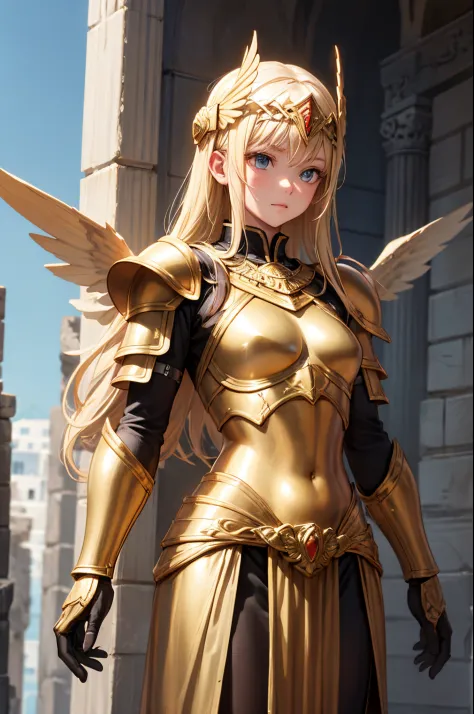 detailed, standing,upper body, winged helm, greek armor inspired, blonde,