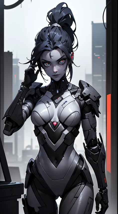 , arte de anime cyberpunk, girl in mecha cyber armor, Perfecto anime cyborg mujer,(desde un lado:1.2),Shy expression,Mano en el cabello,disfraz de cyborg detallado, fondo,fondo blanco,Estilo de esquema,comiс style,Estilo manga,tinta,blanco y negro,(Vibrant...