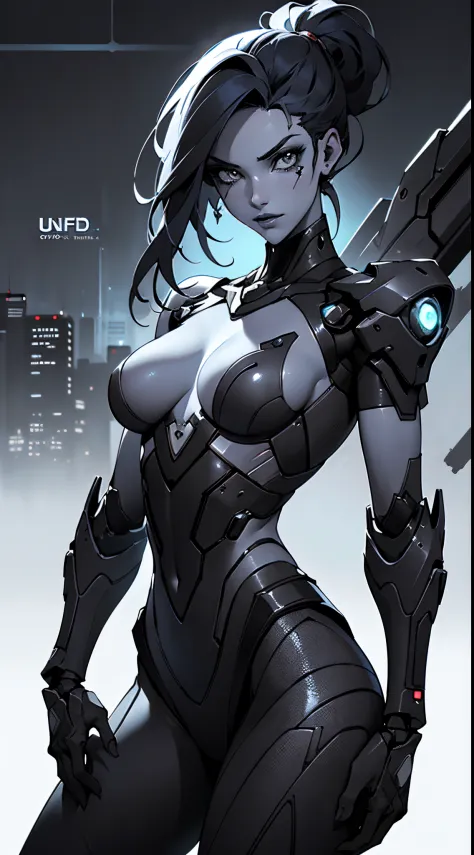 , arte de anime cyberpunk, girl in mecha cyber armor, Perfecto anime cyborg mujer,(desde un lado:1.2),Shy expression,Mano en el cabello,disfraz de cyborg detallado, fondo,fondo blanco,Estilo de esquema,comiс style,Estilo manga,tinta,blanco y negro,(Vibrant...