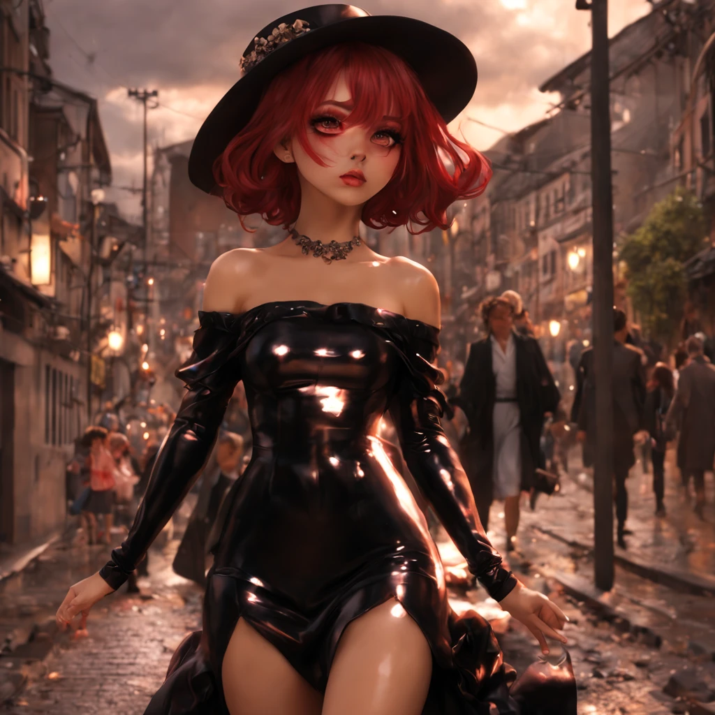 Gothic black girl - Rowley floating in the city with lightning,Gothloli albino girl floating in the city with one hand,Woman in black dress with red and black hair, Gothic maiden girl, girl in black dress, 1 of 7 years,old goth girl, an elegant gothic princess, art in the style of Guweiz, in the art style of bowater, dreamy gothic girl, 8k detailed art of high quality, gothic art style, wearing a gothic dress,closure,wearing underwear,Eyes red,looking to the down,white  hair,Tuuli,head tilt,white  hair, silver-haired, long  hair, blunt bangs, flat hair, big hair, expressive hair, (Red eyes that shine brightly:1.8), eyes down, (Eyes red:1.5),breasts small,slender leg,nuts, disappointed,Wide shots,Wide angles,side facing shot,3 view,,(Close up portrait of a person in a black dress over the city:1.7),Pessoas fugindo das Ruas movimentadas de uma cidade repleta de lojas々, busy street, Street full of people, photograph of the city street, japanese downtown, Traditional cities in Japan, Ruas movimentadas,busy cityscape, bustling city, packed with people, Busy streets on the moon, ruas lotadas, shutterstock, Busy small town streets,bad weather、A large number of purple lightning bolts shot out from the girl&#39;s hands and struck the city,Dark clouds cover the city pierced by clouds of lightning, lightning clouds, Atmospheric lightning, Pink Lightning, with thunderstorms, Dark storm with lightning, Dramatic purple lightning, Lightning in the sky, contrast lightning, thunderstorm in the sky, lightning in the background, with lightning bolts, Stormy weather with lightning, Top volumetric lighting,Effect of using purple aura,(Control a large number of beams with open arms:1.4),Destroy the city with a girl&#39;s lightning attack,called nose,Lightning effect on both hands,Numerous balls glowing purple