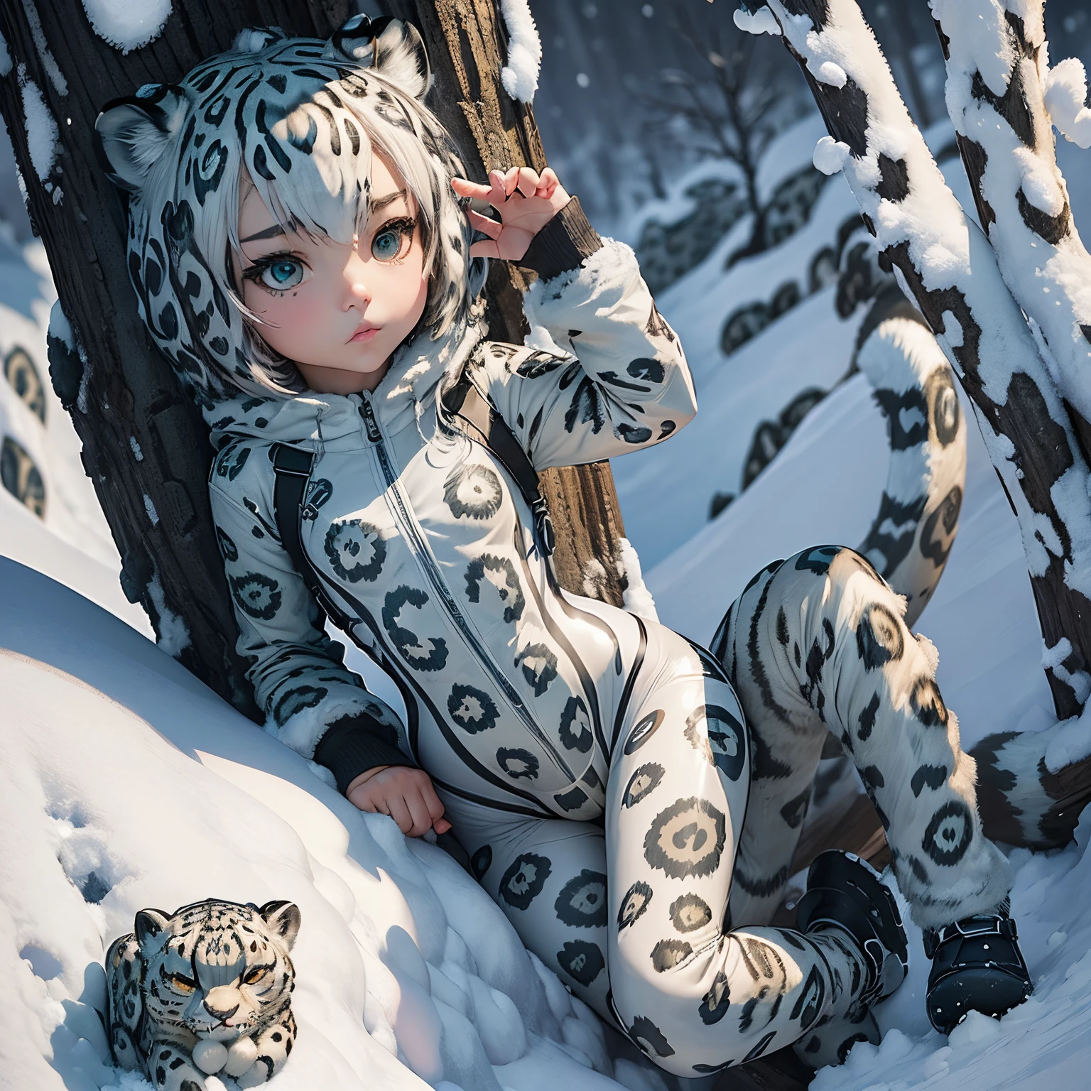 chef d&#39;oeuvre、qualité supérieure、ultra-détaillé、(La fille de Chibi Chara:1.2),(body léopard des neiges:1.3),Oreilles de léopard des neiges,Bob cheveux gris,forêt de neige de conte de fées,s&#39;asseoir sur une montagne enneigée,