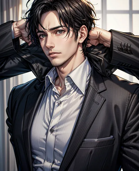 (highres:1.2), realistic, portrait, male, tired expression, black hair, black eyes, professional attire, well-groomed, natural l...