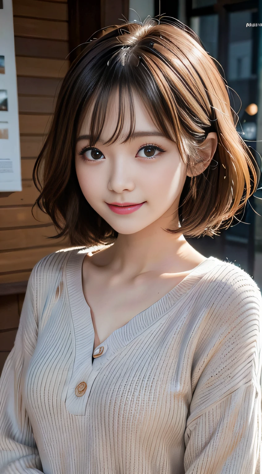 masutepiece、Best Quality、Illustration、 Ultra-detailed、finely detail、 hight resolution、8K Wallpaper、Perfect dynamic composition、24 year old cute girl、detailed beautiful faces、detailed cute eyes、Textured skin、discret smile、Wavy short hair、tiny chest、Bold sexy poses、Winter casual wear、