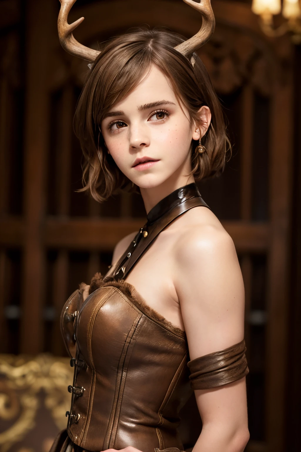 ((Emma Watson Face)), (1Woman 35yo), (((Shoulder-Length Brown Hair, Brown Eyes))), (two cute deer horns in her head), Wearing a formal steampunk dress,