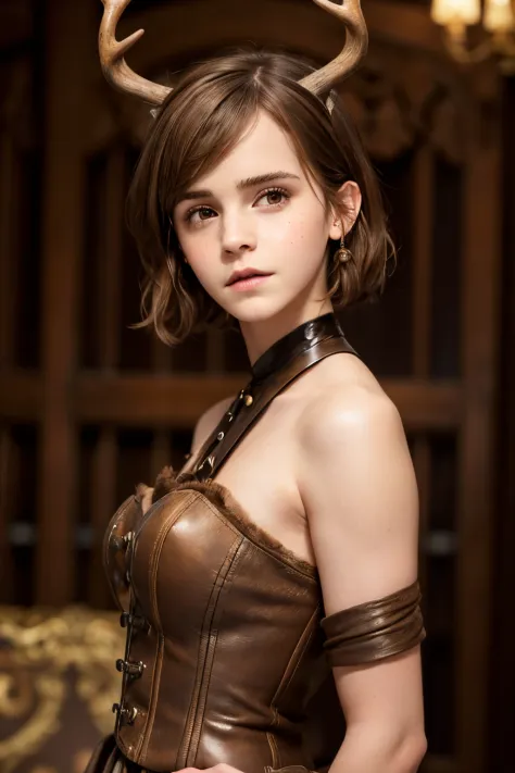 ((Emma Watson Face)), (1Woman 35yo), (((Shoulder-Length Brown Hair, Brown Eyes))), (two cute deer horns in her head), Wearing a ...