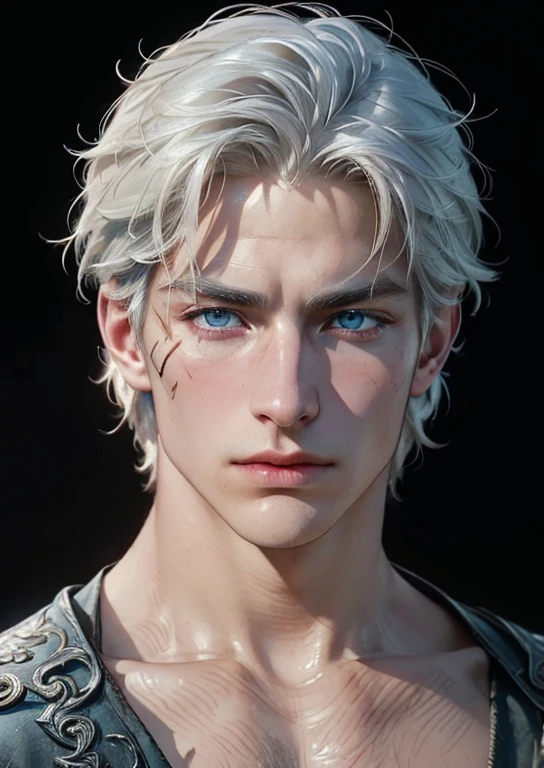 (Portrait of a man), ((35 year old)), white hair, a knight, a little stern, masculine face, roman nose, vivid blue eyes, (((large faded scar over right eye))), hyper realistic, curtain hairstyle, heroic, black armor, frost forest background, realistic, detailed and correct facial structure, johan liebert mixed with dante, handsome, attractive, slightly muscular, cinematic lighting, unreal engine, intricate details,  masterpiece, best quality, by Irakli Nadar, Greg Rutkowski, (((best quality))),(((ultra detailed))),(((masterpiece)))