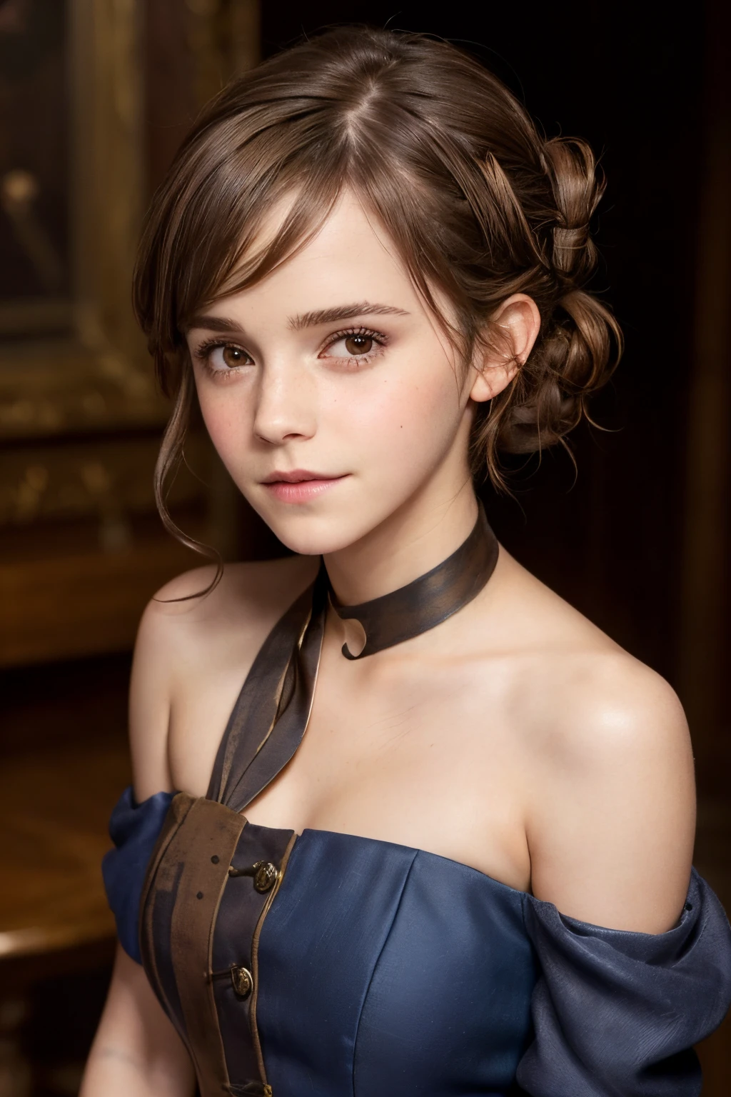 ((Emma Watson Face, 35yo, Shy Smile)), ((slight wrinkles, age marks)), (((Shoulder-Length Brown hair tied into a hairstyle, Brown Eyes))), (two cute deer horns in her head), Wearing a formal blue steampunk dress,