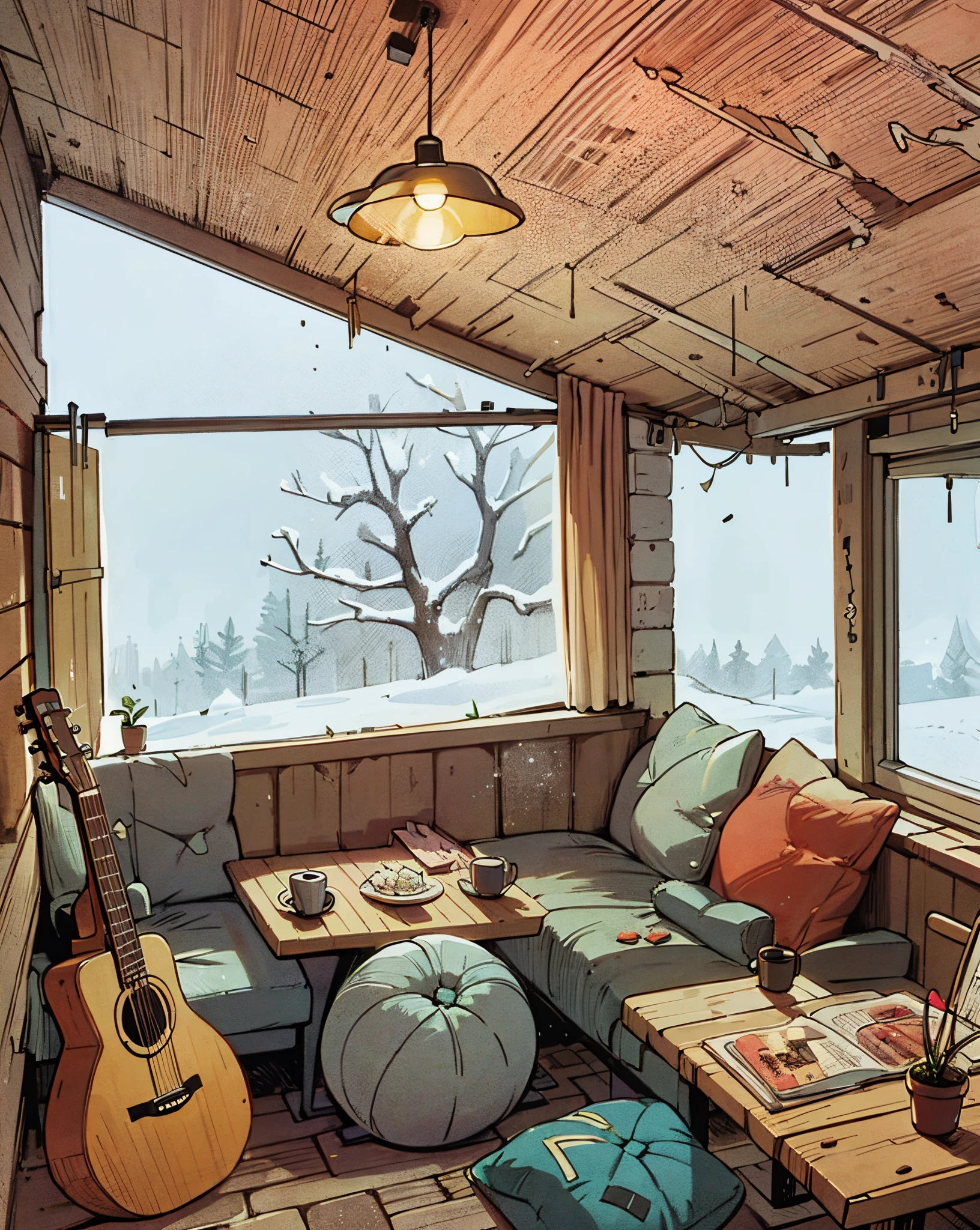 leisure room. Lots of pillows . Guitar and coffee on the tables. Big windows with snow outside. anime background. manga page