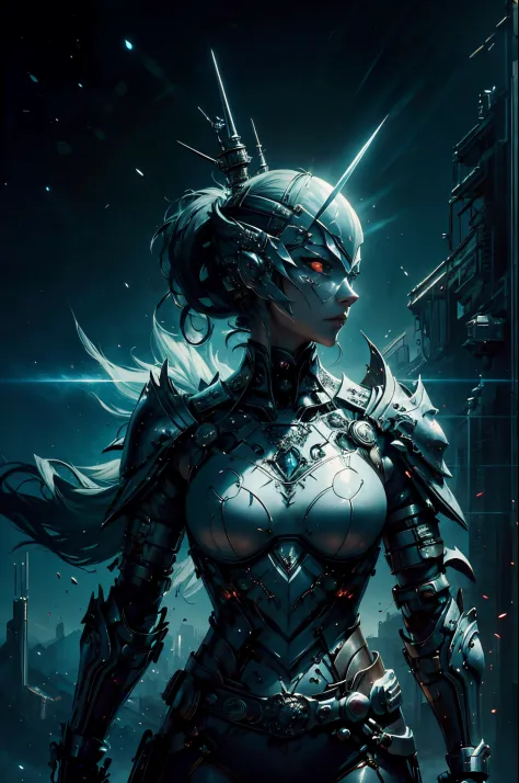 Woman with sword and armor on dark background, cyberpunk art by Yang J, cg society contest winner, Fantasy Art, karol bak uhd, 4...
