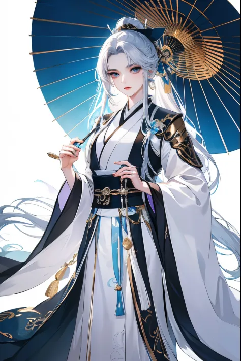 pale woman, white hair, blue eyes, lavender eyes, long hair, chinese consort, elaborate hanfu, blue hanfu, paper umbrella, woman...