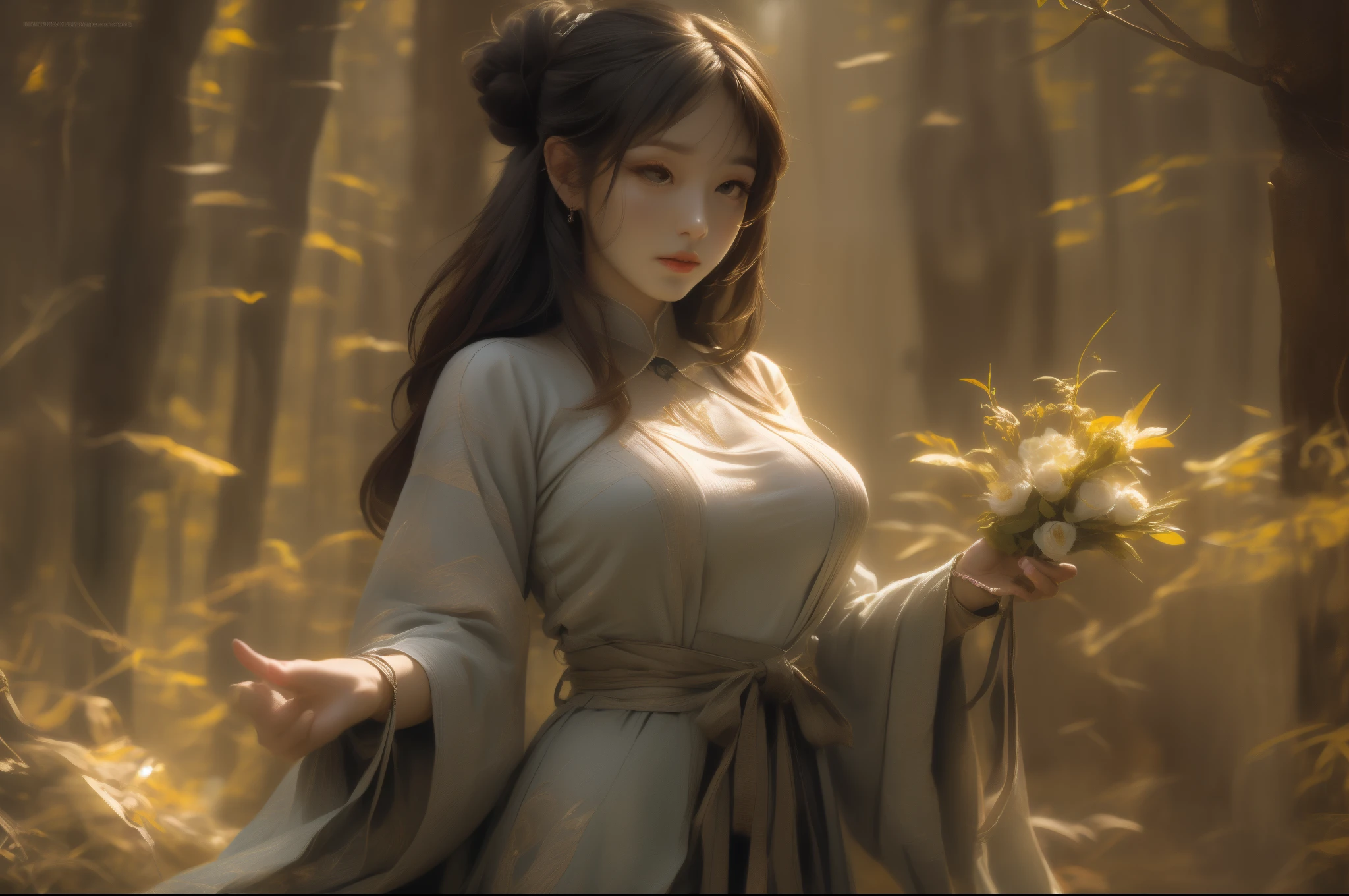 (8k, RAW Photos: 1.2), Best Quality, Illustration, Beautiful Painting, 1 Woman, beaned over, Beautiful Face, Delicate Skin, Gorgeous Bun, Hair Accessories, Hanfu, Full Body, High Detail, Accent, Color Ink Painting, (((colorful)), lycoris, Sketch, Denoising, Dramatic, Cinematic, White background, Super High Resolution, Best Shadow, RAW, (HDR) (wallpaper) (Cinematic lighting) (sharp focuasterpiece, (Very detailed CG unified 8k wallpaper), gigantic breasts, green bamboo forest,