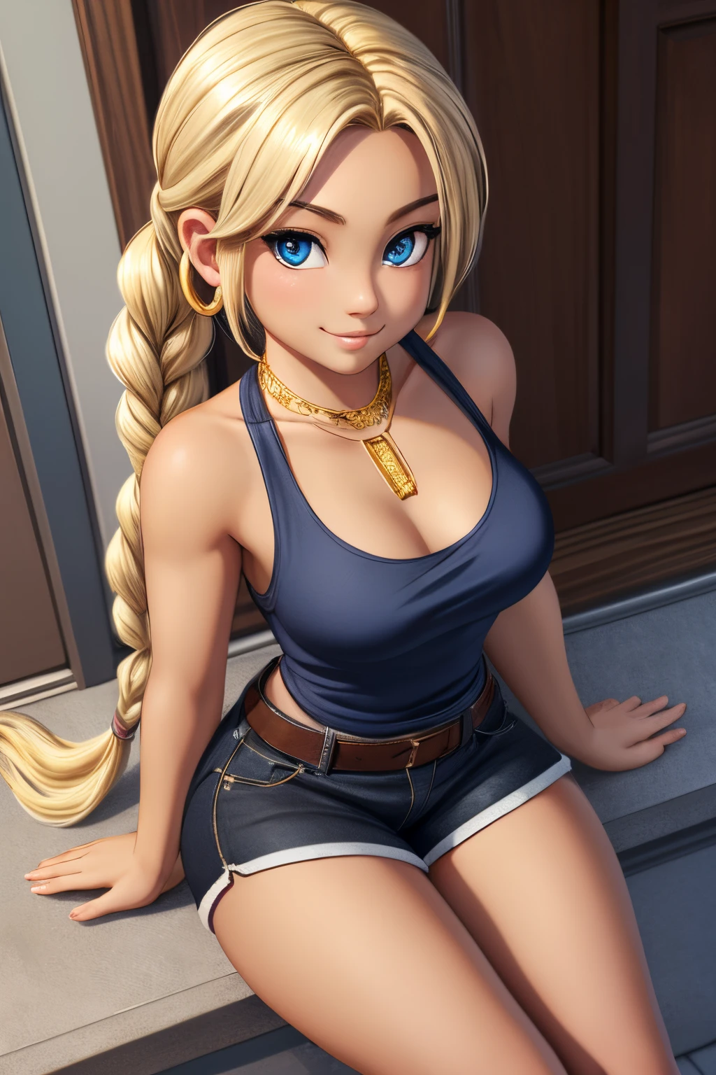 ((ultra quality)), ((tmasterpiece)), gnome girl, Short stature, ((blonde woman, hairlong, tied in a braid)), (silver ear rings), (Beautiful cute face), (beautiful female lips), Charming, ((sexy facial expression)), looking at the camera smiling softly, eyes are slightly closed, (Dark skin color), Body glare, ((detailed beautiful female eyes)), ((dark blue eyes)), (juicy female lips), (beautiful female hands), (slightly full body), ((perfect female figure)), perfect female body, Beautiful waist, Gorgeous hips, Beautiful medium breasts, ((Subtle and beautiful)), seductively worth it, (), (wearing black shorts, white tanktop, Gold necklace around the neck) background: on the threshold of the house ((Depth of field)), ((high quality clear image)), (crisp details), ((higly detailed)), Realistic, Professional Photo Session, ((Clear Focus)), the anime