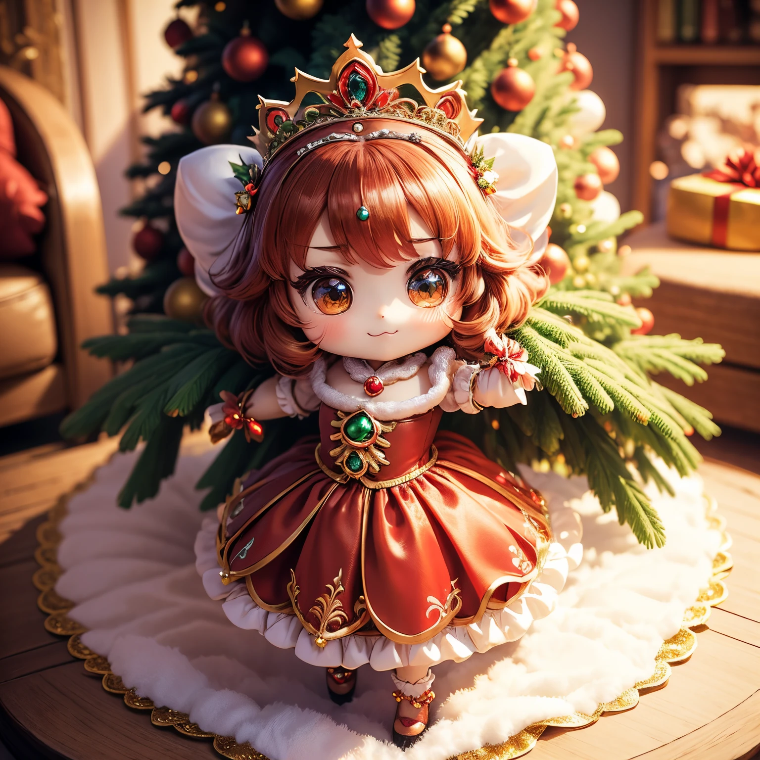 ​obra maestra、de primera calidad、ultra detallado、(Princesa Chibi Chara:1.27),(flower tiara:1.3),ricamente decorado de rojo, El vestido verde y blanco tiene volantes y peplums.,El brillo brilla,sala de estar de cuento de hadas,(árbol de Navidad:1.3),Una sonrisa,Figura de pie de cuerpo entero.