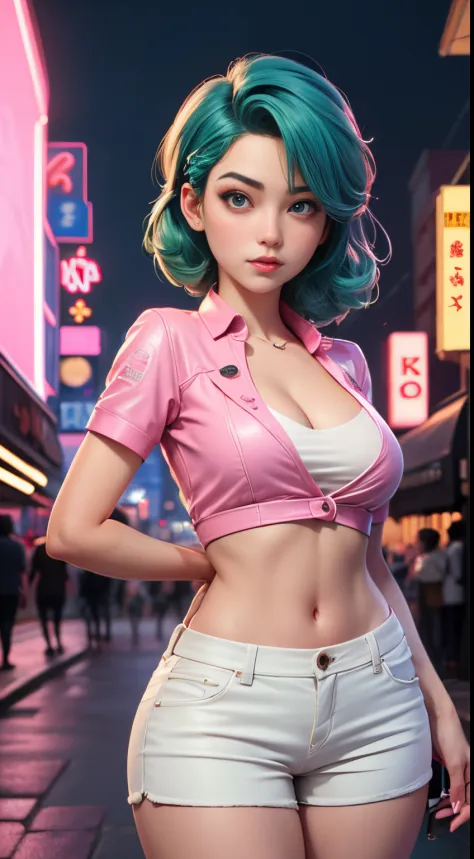 1girl, ((adorable,beautiful)), japan girl, perfect body, blush, Braided Half-Up Princess Hairstyle, green hair,
fit white shirt, cleavage,  short pants, shine lips,((detailed eyes)), perfect body, thighs,
posing in front of neon buildings, ((pink neon sign...