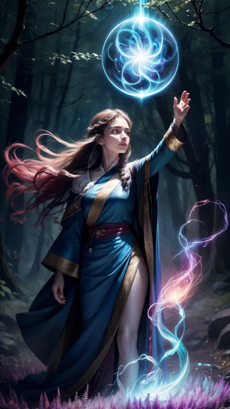 A powerful wizard, standing in a mystical forest. Their flowing robes adorned with symbols, arms outstretched, eyes sparkling wi...