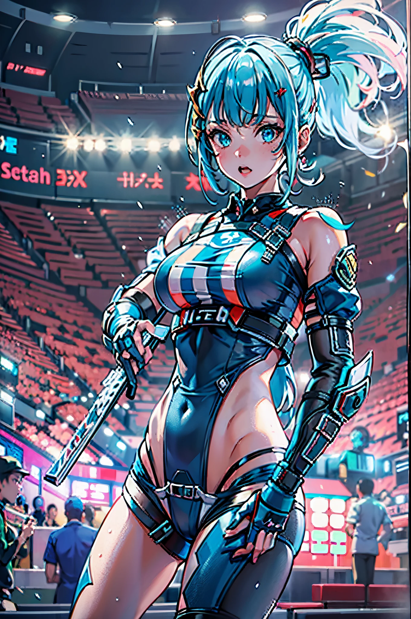 Futuristic Arena SuperBowl, lingerie football league (masterpiece, high quality:1.1), magepunk, A white viscous liquid spread over her body, Blue hair, pony tail, skinny frame, reciever, blue outfit, (masterpiece, high quality:1.1), magepunk, cinematic lighting,