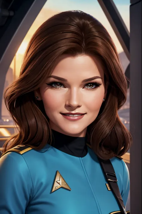 a 20 year old sexy space babe, beautiful captain Janeway with long luscious brown hair, eyeliner, lipstick, eyeshadow, flirty sm...