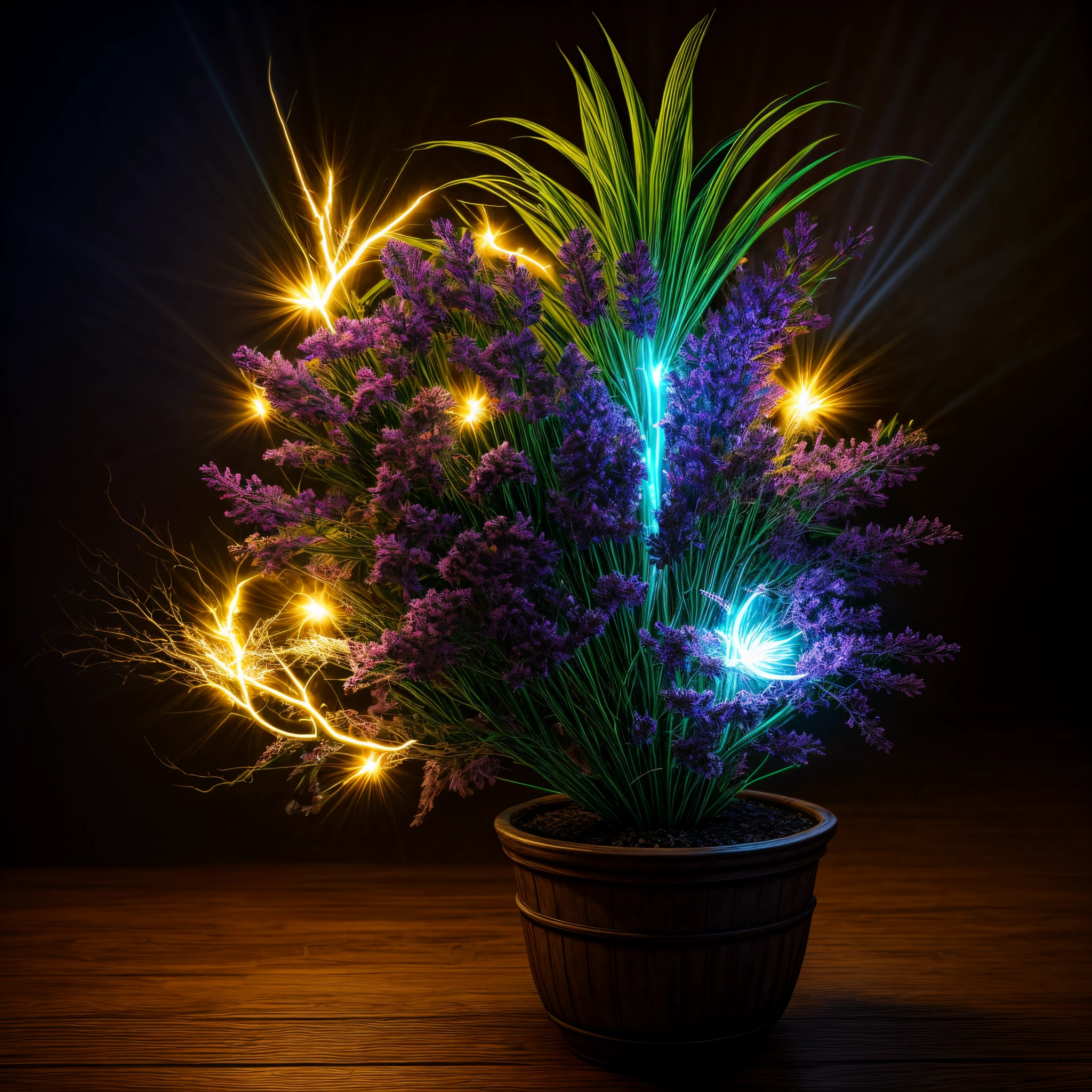 (best quality,4k,8k,highres,masterpiece:1.2),ultra-detailed,(realistic,photorealistic,photo-realistic:1.37),fantastical, vibrant colors,dynamic lighting,electrifying atmosphere,blue eel-headed flower,plant in pot,bolts of lightning,illumination,table setting,energetic display