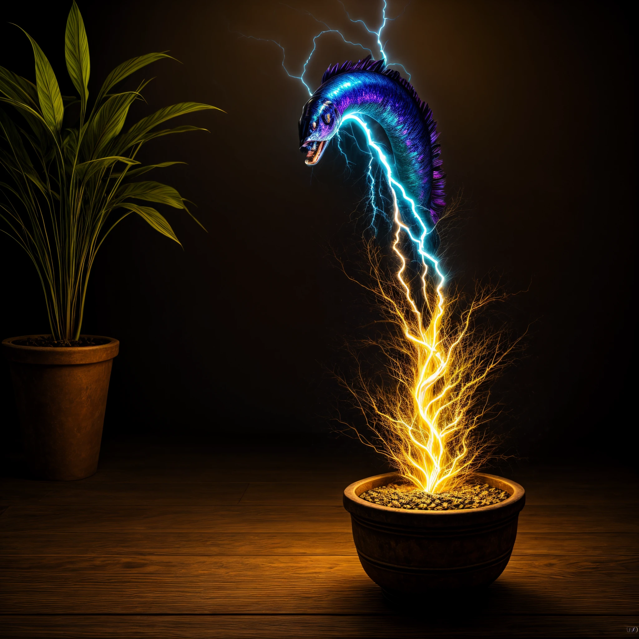 (best quality,4k,8k,highres,masterpiece:1.2),ultra-detailed,(realistic,photorealistic,photo-realistic:1.37),fantastical, vibrant colors,dynamic lighting,electrifying atmosphere,blue eel-headed flower,plant in pot,bolts of lightning,illumination,table setting,energetic display