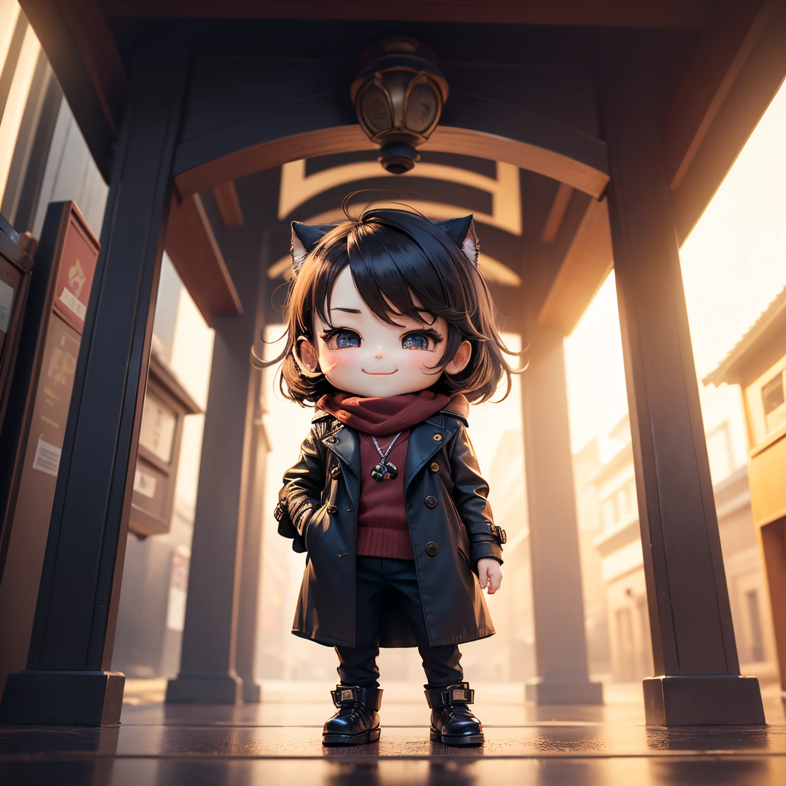 ​masterpiece、top-quality、ultra-detailliert、（Chibi Chara：1.2）、Trench coat for the winter、muffler、Stretch your back、(post box:1.2)（bring the letter closer to the mailbox，A smile、post Office，Full-body standing figure