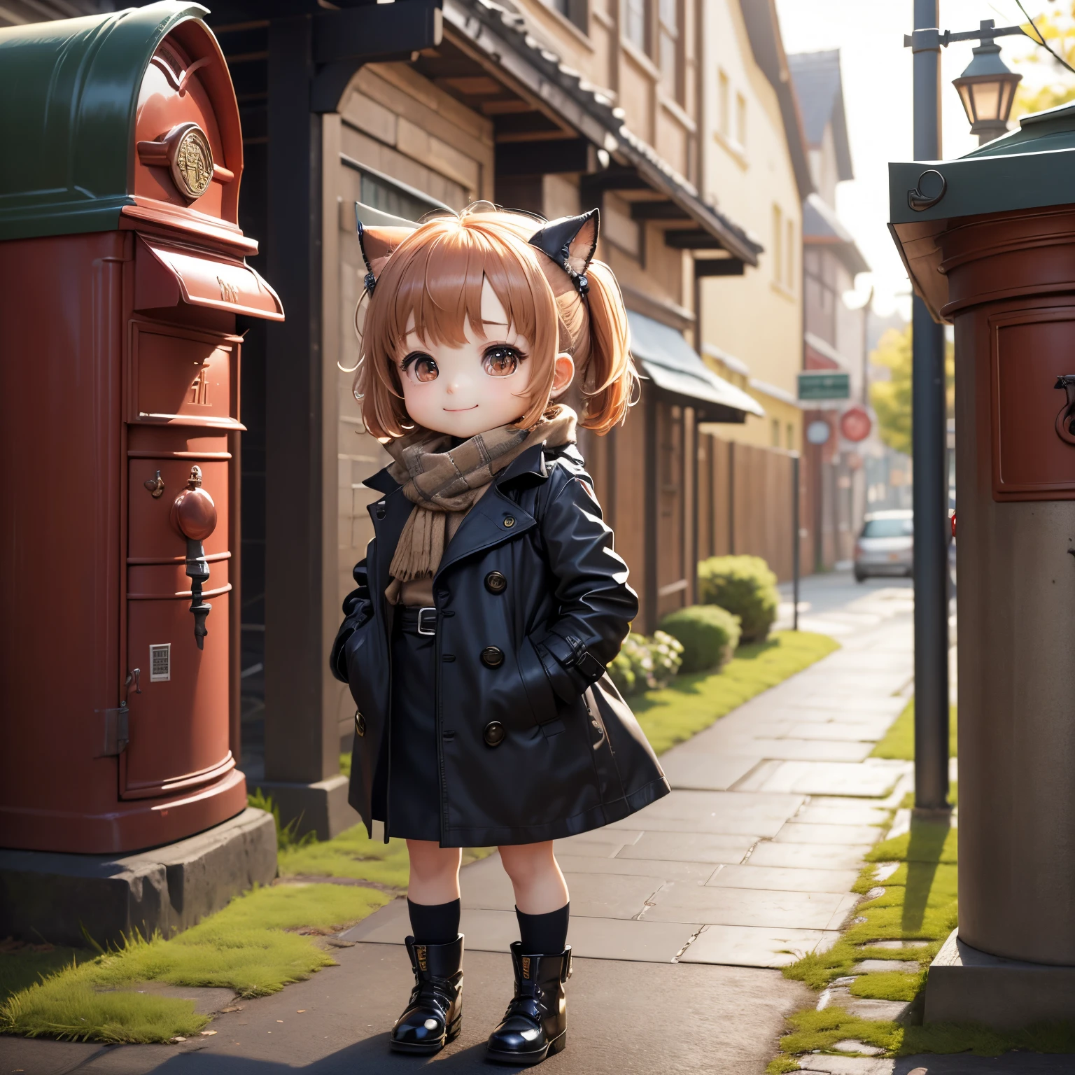 ​masterpiece、top-quality、ultra-detailliert、（Chibi Chara：1.2）、Trench coat for the winter、muffler、Stretch your back、(post box:1.2)（bring the letter closer to the mailbox，A smile、post Office，Full-body standing figure