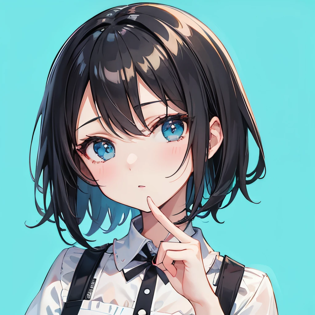 【Highest Quality, masutepiece】 [1 girl in,expressioness, turquoise Eyes, front facing, Jet-black hair,straight haired, Bery short hair , black Cafe Apron] (Gray white background:1.2),