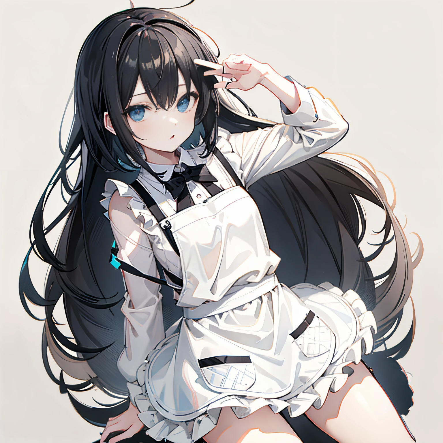 【Highest Quality, masutepiece】 [1 girl in,expressioness, turquoise Eyes, front facing, Jet-black hair,straight haired, Bery short hair , black Cafe Apron] (Gray white background:1.5),