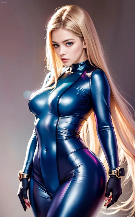 zero suit, Blue eyes, Shiny skin, Stunning proportions, a beauty girl, a blond, bobhair, See-through