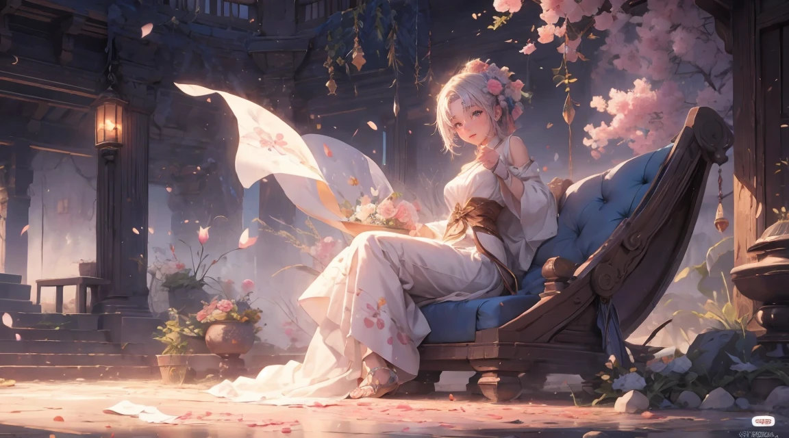 ultra transparente，8K，Tren de Sakura，estilo de anime，la hermosa，flores de sakura cayendo，(pétalos de sakura revoloteando en el viento)，escena de fantasía espacio de fantasía，belleza más allá de la imaginación