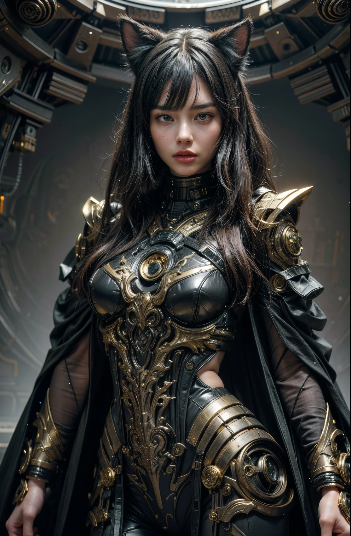 Beautiful girl in a black and gold dress with cat ears, Portrait of Sci Women - Fi, Portrait of a female man, Beautiful biomechanics, (Realistic face details), H. R. Giger, intricate detailed, very high details, photo-hyper-realistic, 8k, UHD, hyperdetailed, (Dynamic Poses:1.4),