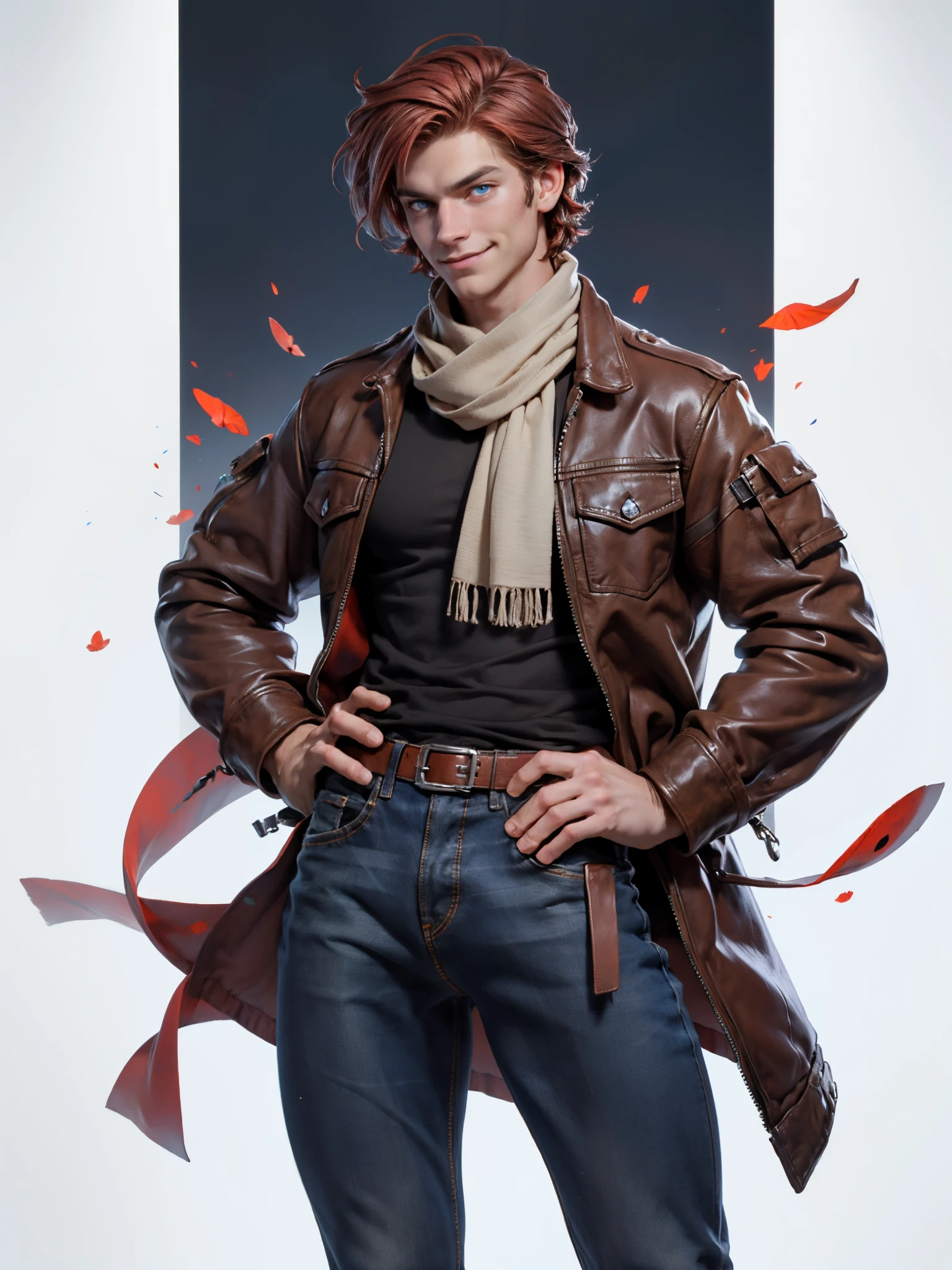 Sculpture design, Figure, (base). male people, caucasian, tall, (muscular), (man with shaggy red hair, blue eyes), wearing blue jeans, wearing white t-shirt, wearing brown leather jacket, white scarf blowing in wind, hands on hips, smiling, poppies, ladybugs, Systemic vision，semi transparent，Computer graphic arts，A high resolution，32K，best qualtiy，hyper HD, dunhuang_background