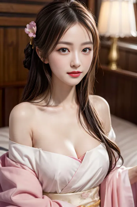 on top of bed, Best quality, ultra - detailed,超A high resolution, 8k wallpaper, A high resolution, 1080p，Perfectcomposition, Beautiful black eyes,  Natural lip color，Dignified and sexy,ssmile、looking at the camera in、A 20-year-old girl、is a perfect face，Lo...