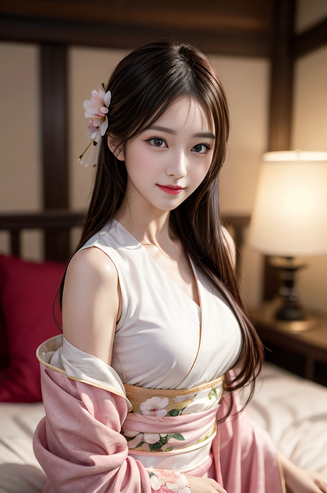 on top of bed, Best quality at best, ultra - detailed,超高分辨率, 8k wallpaper, Perfectcomposition, beautidful eyes,  Natural lip color，Dignified and sexy,ssmile、looking at the camera in、A 20-year-old girl、is a perfect face，Looks a lot like actor Li Qin，Chinese classical temperament beauty，，middlebreast，Wearing pink Hanfu，(Extremely delicate1.1), (Perfect details: 1.1),tmasterpiece，Wear peach blossom jewelry，Fragrant shoulders，鎖骨