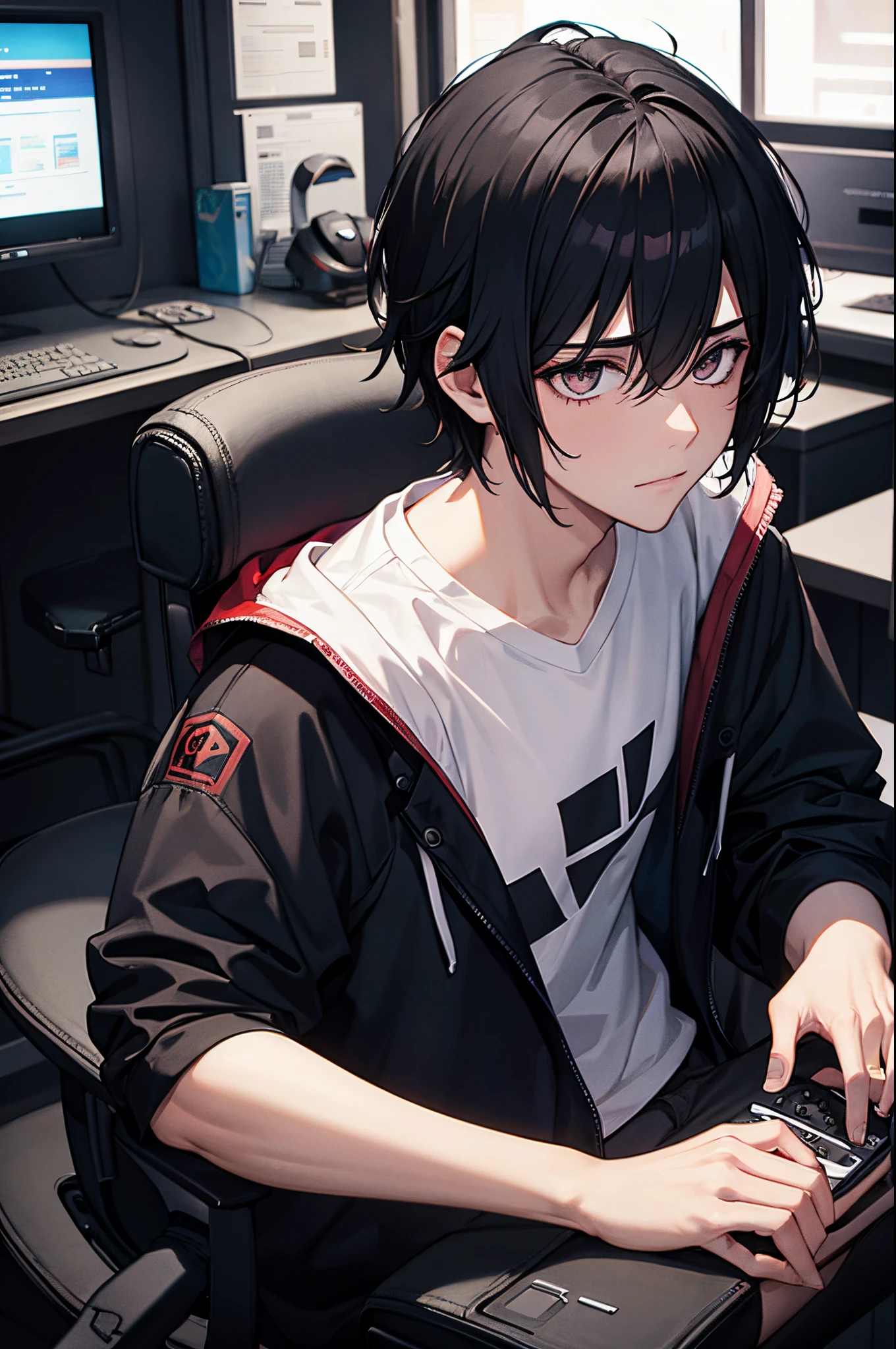 Anime boy sitting at a desk with a laptop and a cell phone - SeaArt AI