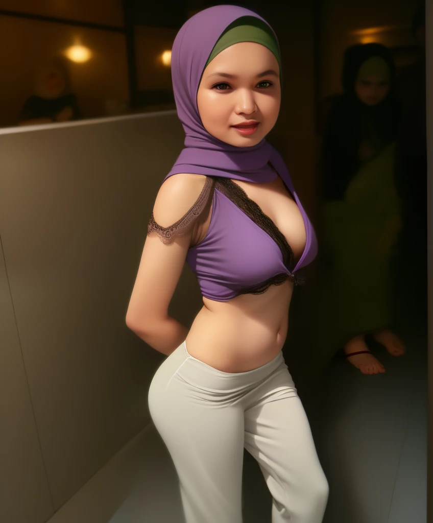 Araffe woman in a purple top and white pants posing for a picture - SeaArt  AI