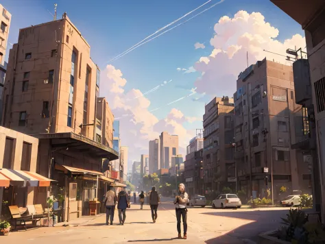 environment design, a Futuristic great city in the desert, nice weather, sun shining with pretty clouds,