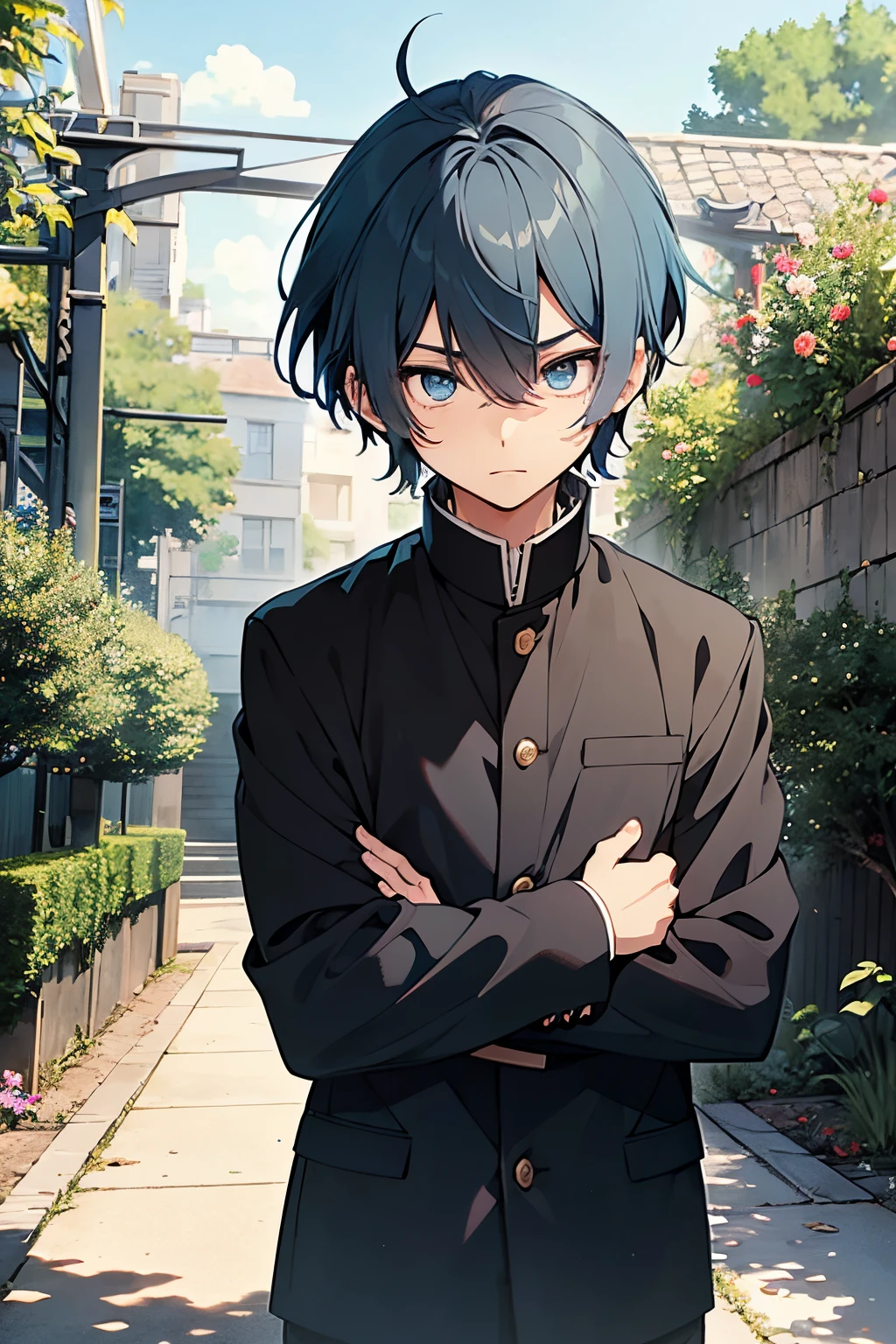 rapaz jovem, garoto alto,  cabelo azul, Corte de cabelo curto, olhos azuis, vestindo roupas pretas de estudante, Gakuran Preto, menino anime, cara tímida, em um jardim, cara tímida, pose anime bonito, alta definição, obra de arte, melhor qualidade, filtro cinza, 4K, anime, 8K, Linhas Pretas