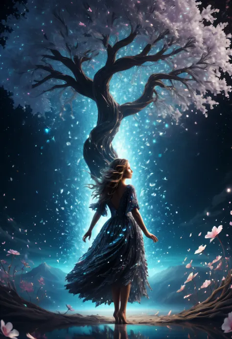 ephemeral tree magic woman, flower skin, beautiful detail eyes, beautiful long messy hairy glitter, look up sky, disappearing co...