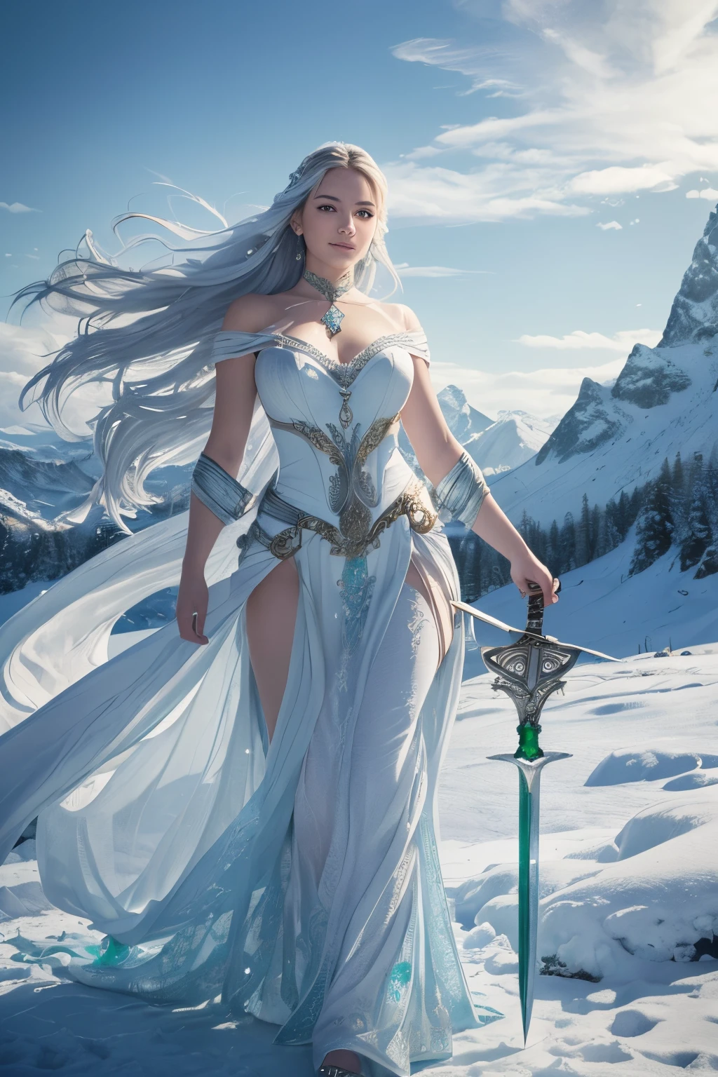 (meilleure qualité,4K,8k,haute résolution,chef-d&#39;œuvre:1.2), Ultra-détaillé, (réaliste,photoréaliste,photo-réaliste:1.37), Une fille, Montagnes enneigées, style ancien, flammes froides et glacées, tenant une épée, saisissant une épée qui brûle de flammes bleues, danser avec une épée dans la neige, porter une robe blanche fluide, avec de longs cheveux flottants, une belle femme tenant une longue épée en argent, porter des pierres précieuses émeraude, son visage est rempli de sourires confiants, elle flotte parmi les nuages comme une fée, Derrière elle se trouvent des couches de montagnes.