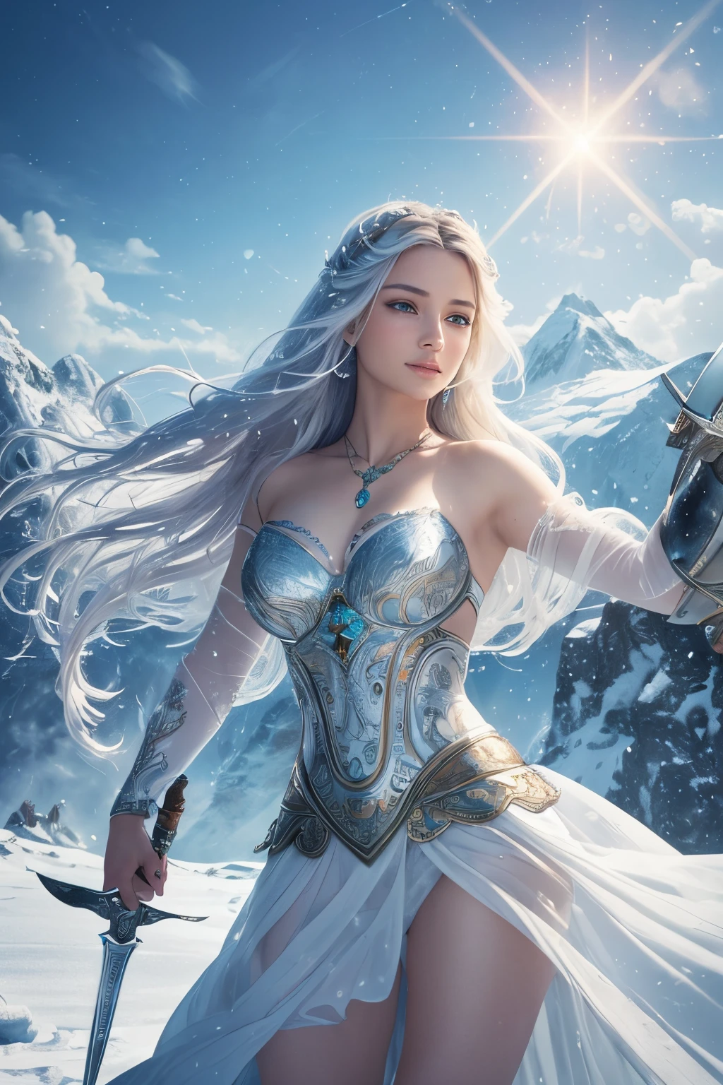(best quality,4k,8k,highres,masterpiece:1.2), ultra-detailed, (realistic,photorealistic,photo-realistic:1.37), a girl, snowy mountains, ancient style, cold icy flames, holding a sword, gripping a sword that burns with blue flames, dancing with a sword in the snow, wearing a white flowing dress, with long flowing hair, a beautiful woman holding a silver long sword, wearing emerald gemstones, her face is filled with confident smiles, she is floating among the clouds like a fairy, behind her are layers of mountains.