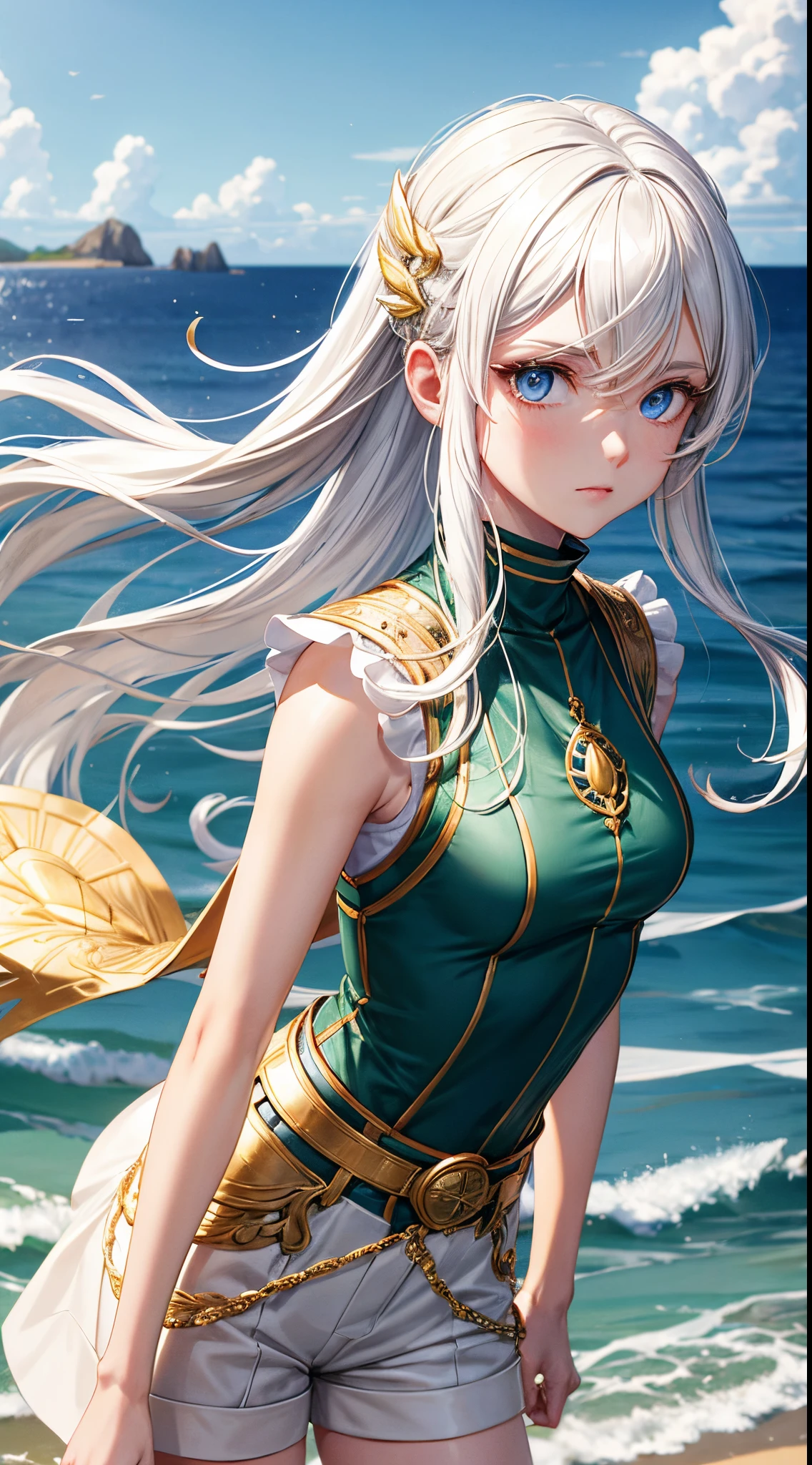 Anime girl with long white hair standing on the beach - SeaArt AI