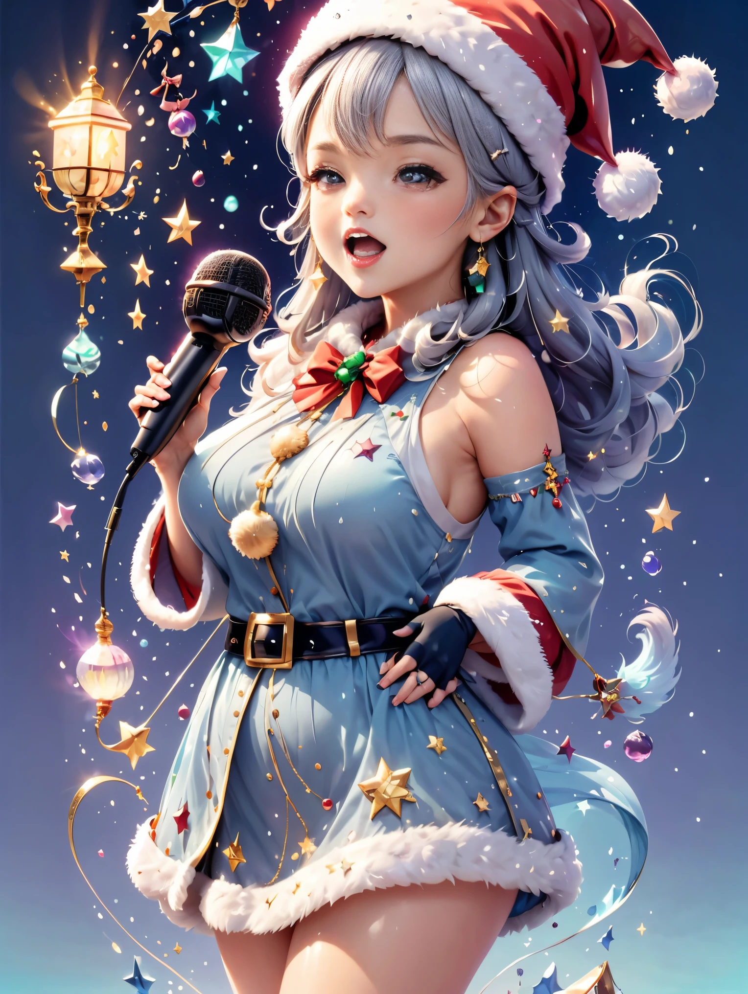 Chalk gray style, ((1 Glowing Magical Cute Santa Claus))，((singing with a microphone)), ((Syllable symbols floating in the air))，christmas ornaments, Sparkling, Floating particles，Yuki，blue-sky, 8K, Irridescent color, kawaii, Cute big breasts, number art, high high quality, The content is very detailed, 3 Rendering，Bright colors minimalist style，Disney  style，