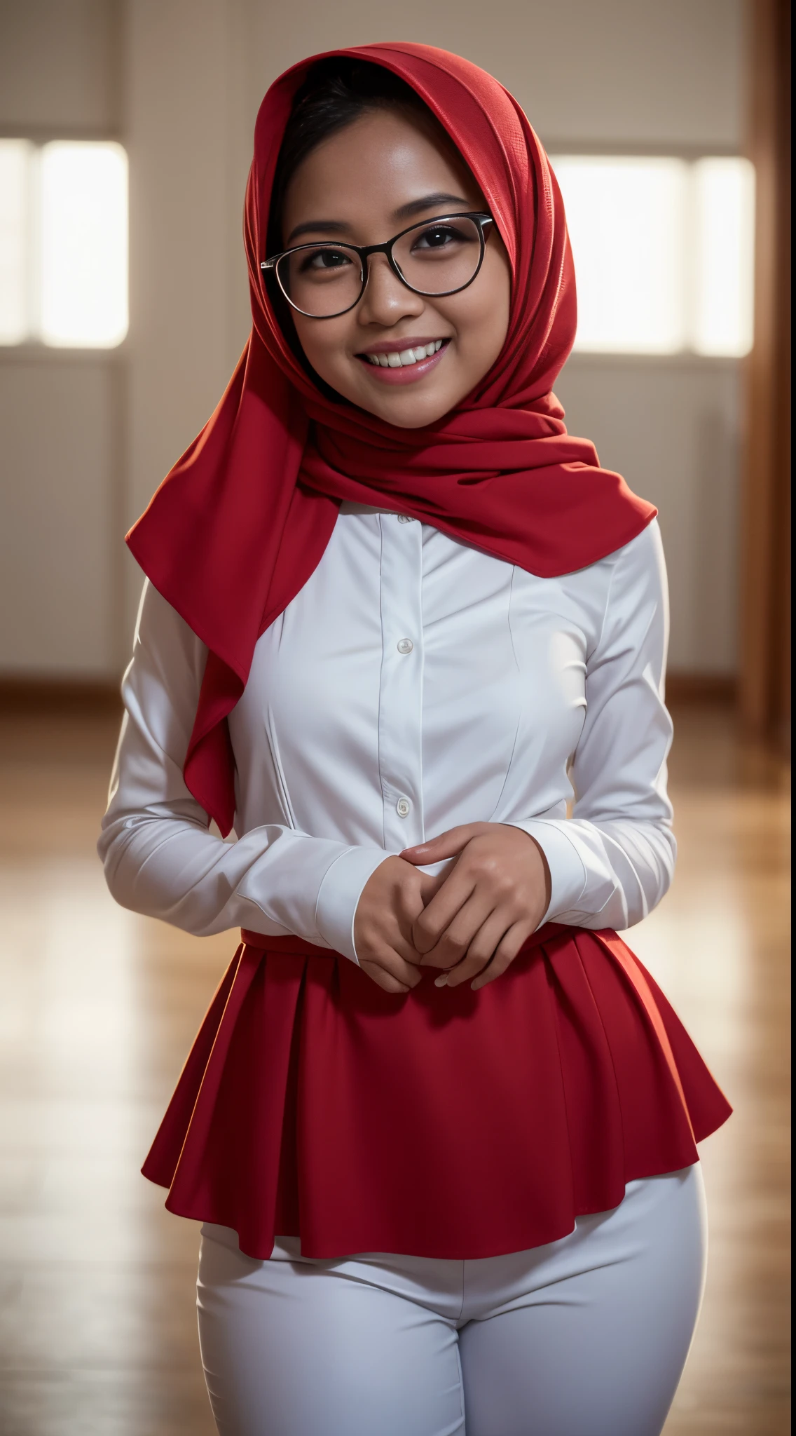 Cute malay girl in long red hijab wearing white peplum shirt and white ...