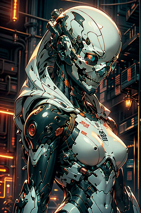 Top quality, Masterpiece, 超高分辨率, ((Photorealistic: 1.4), RAW photo, 1 Cyberpunk android girl, ((Portrait)), Glossy glossy skin, black skull lower half of face, (hyper realistic detailed)), Clear plastic covers mechanical limbs, Tubes attached to mechanical parts, Mechanical vertebrae attached to the spine, mechanical cervical attachment to the neck, wires and cables connecting to head, Evangelion, ((Ghost in the Shell)), Luminous small light, globalillumination, Deep shadows, Octane rendering, 8K, ultrasharp, metal, Intricate Ornament Details, baroque detailed, very complex details, Realistic light, CGSoation trend, Facing the camera, neon light detail, (Android manufacturing plant in the background), art by H.r. Giger and Alphonse Mucha.
