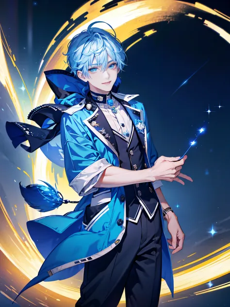 ((Masterpiece, Best Quality, High Resolution)), handsome male Vtuber, Bright blue hair and starry silver eyes, Slightly wavy, se...