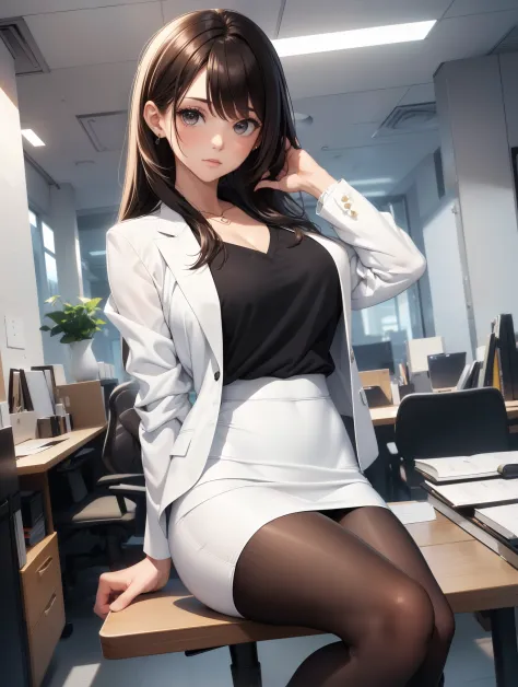 Best Quality, masutepiece, beautiful mature women、Beautiful face、Strong-minded woman、Officelady、(White jacket、Black V-Neck T-Shirt、white tight pencil skirt、Black tights、high-heels、Winter Outfit:1.5)、(brown haired、Bangs are asymmetrical)、((Brown-eyed))、Long...