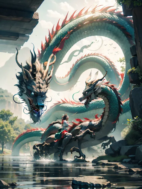 "The Chinese dragon, lake side, 4K, beautiful