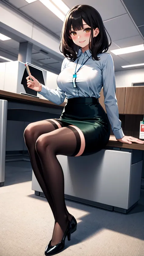 (modern office indoors), 1lady ((solo)), (brown eyes), (black medium hair), bangs, (office casual pencil skirt green), (white sh...