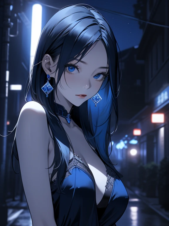 blue colors， the night，scenecy， without humans，  （tmasterpiece，Best quality：1.4）， Blue Themes， 城市， eventide， 1 Sister， Sateen， The upper part of the body， closeup cleavage，